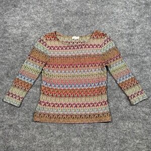 Devan Womens‎ Small Multicolor Metallic Crochet Knit Chevron 3/4 Sleeve Top Boho